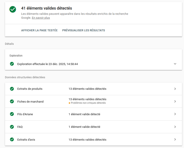 capture d'écran de résultats de l'outil Google de test de résultats enrichis 