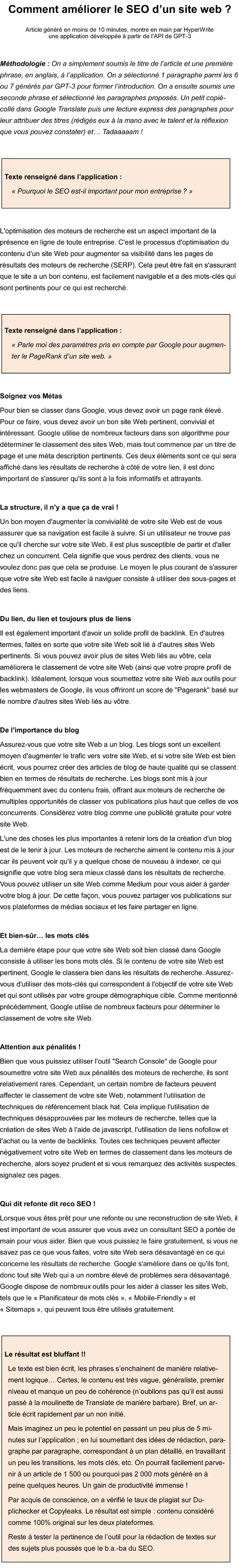 Exemple d'utilisation de gpt-3 (intelligence artificielle) pour le SEO et la rédaction de contenu.