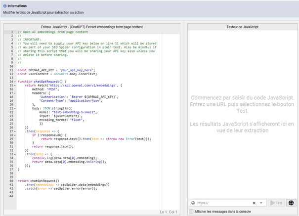 Code source de base de ScreamingFrog pour le template "(ChatGPT) Extract embeddings from page content"