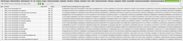 Crawl ScreamingFrog avec calcul et stockage des embeddings