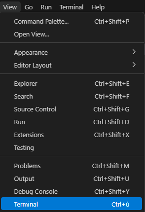 View > Terminal
Visual Studio Code