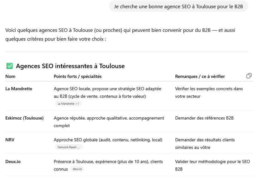 capture d'écran d'une conversation ChatGPT où l'utilisateur recherche une agence SEO spécialisée en B2B