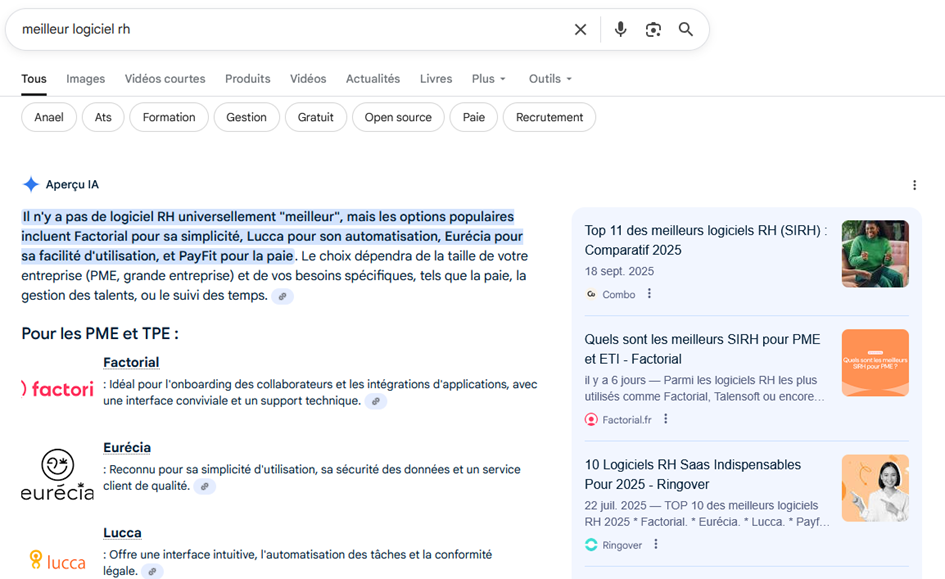 capture d'écran d'une SERP Google avec AI overview : "meilleure logiciel RH"
