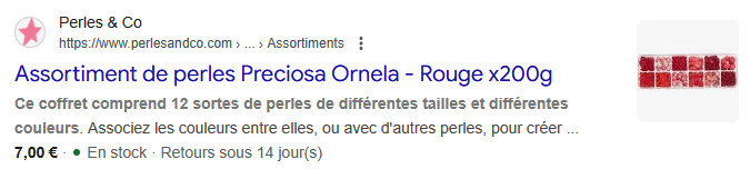 capture d'écran de SERP, page produit du site Perles & Co avec données structurées affichées